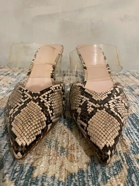 Zara Snake-Print Mule with Clear Strap - Beige/Black faux leather size 42
